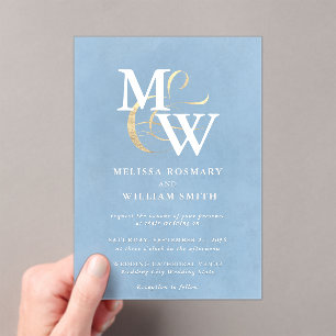 Elegant Blue Sea Glass Monogram Gold Wedding Acrylic Invitations