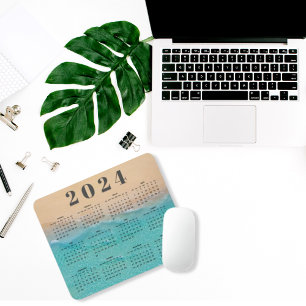 Elegant Blue Sea Water Sandy Beach 2024 Calendar Mouse Pad