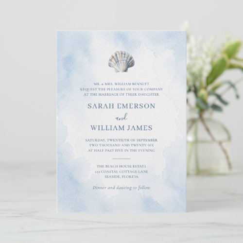 Elegant Blue Seashell Beach Wedding Invitation