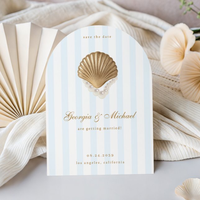 Elegant Blue Seashell Gold Coastal Wedding Save The Date (Creator Uploaded)