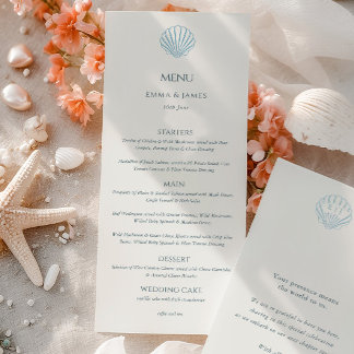Elegant Blue Seashell Ivory Double Side Wedding  Menu