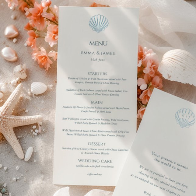 Elegant Blue Seashell Ivory Double Side Wedding  Menu (Elegant Blue Seashell Ivory Double Side Wedding Menu)