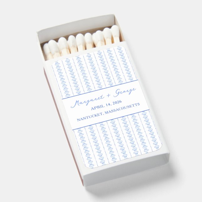 Elegant Blue Seashell Nautical Coastal Wedding Matchboxes (Front Open)