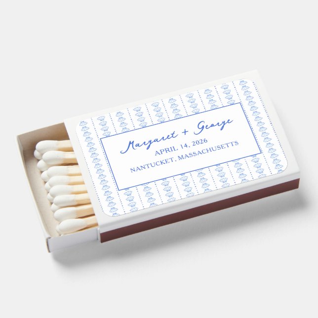 Elegant Blue Seashell Nautical Coastal Wedding Matchboxes (Front Open)