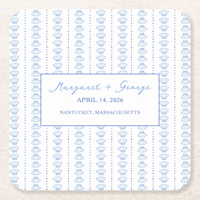 Elegant Blue Seashell Nautical Coastal Wedding Square Paper Coaster (Front)