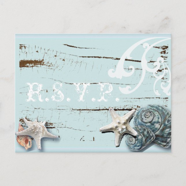 Elegant  BLue Seashells Beach Wedding RSVP Card (Front)