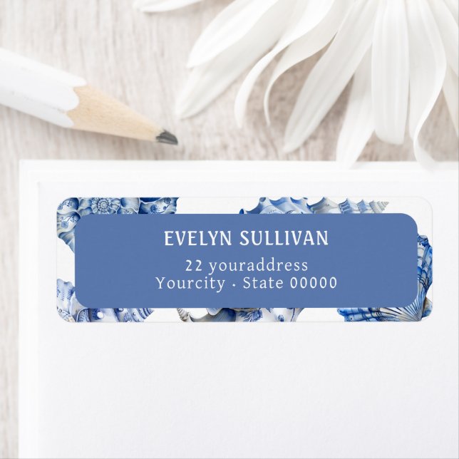 Elegant blue seashells return address label (Insitu)