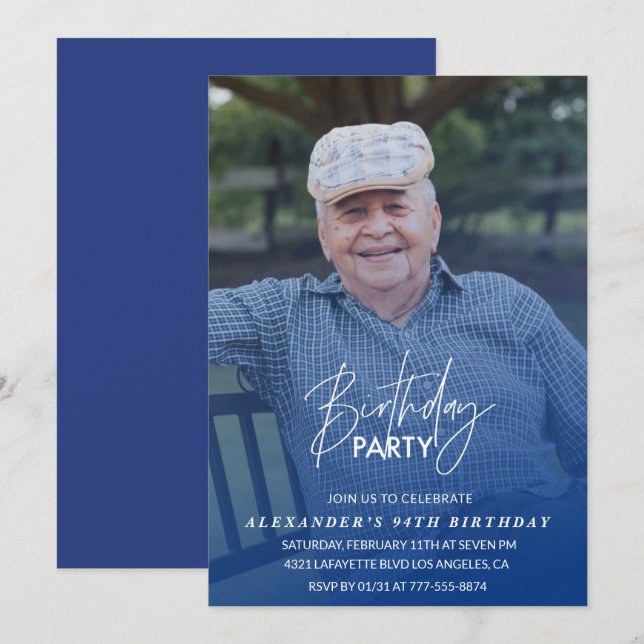 Elegant Blue Shadow Photo Men 94th birthday party Invitation (Front/Back)