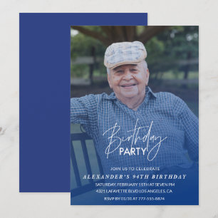 Elegant Blue Shadow Photo Men 94th birthday party Invitation