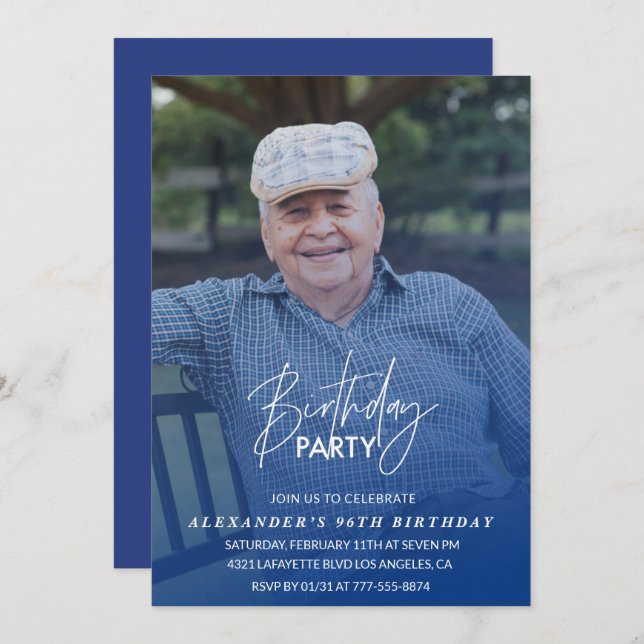 Elegant Blue Shadow Photo Men 96th birthday party Invitation (Front/Back)