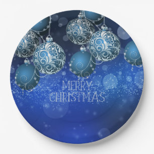 Elegant Blue & Silver Baubles Christmas Paper Plates