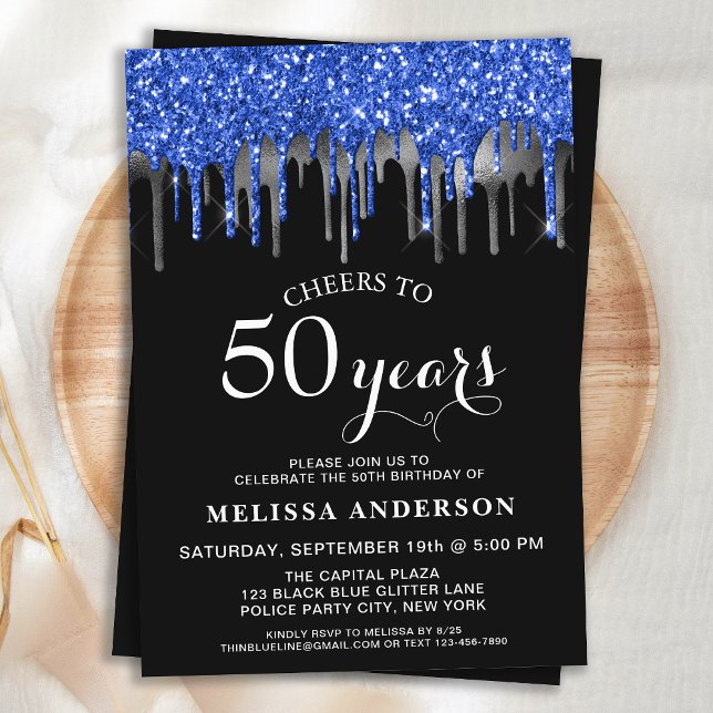 Elegant Blue Silver Black Glitter Drip 50 Birthday Invitation (Creator Uploaded)