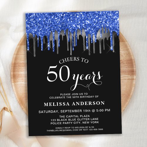 Elegant Blue Silver Black Glitter Drip 50 Birthday Invitation Postcard