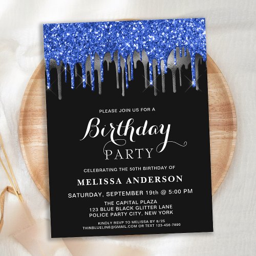 Elegant Blue Silver Black Glitter Drips Birthday Invitation Postcard