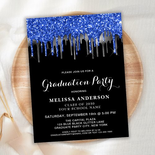 Elegant Blue Silver Black Glitter Drips Graduation Postcard