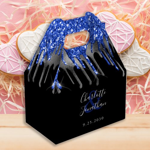 Elegant Blue Silver Black Glitter Drips Wedding Favor Boxes