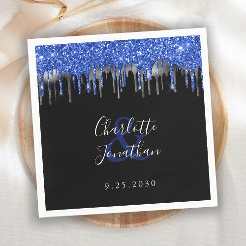 Elegant Blue Silver Black Glitter Drips Wedding Napkins