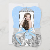 Elegant Blue Silver Bow Rose Photo Quinceanera 1 Invitation (Front)