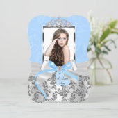 Elegant Blue Silver Bow Rose Photo Quinceanera 1 Invitation (Standing Front)
