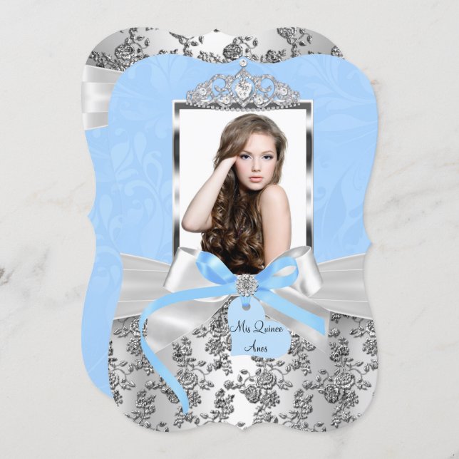 Elegant Blue Silver Bow Rose Photo Quinceanera 1 Invitation (Front/Back)