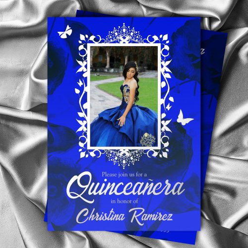 Elegant Blue Silver Butterflies Quinceanera Foil  Foil Invitation