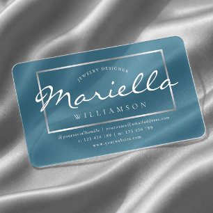 Elegant Blue & Silver Chic Script Transparent Clear Business Cards
