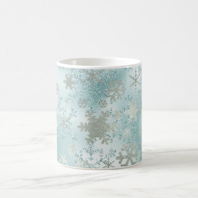 Elegant Blue Silver Christmas Snowflake Pattern Coffee Mug (Center)