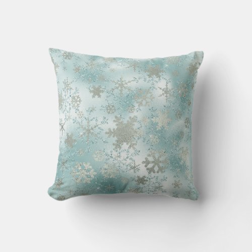 Elegant Blue Silver Christmas Snowflake Pattern Throw Pillow