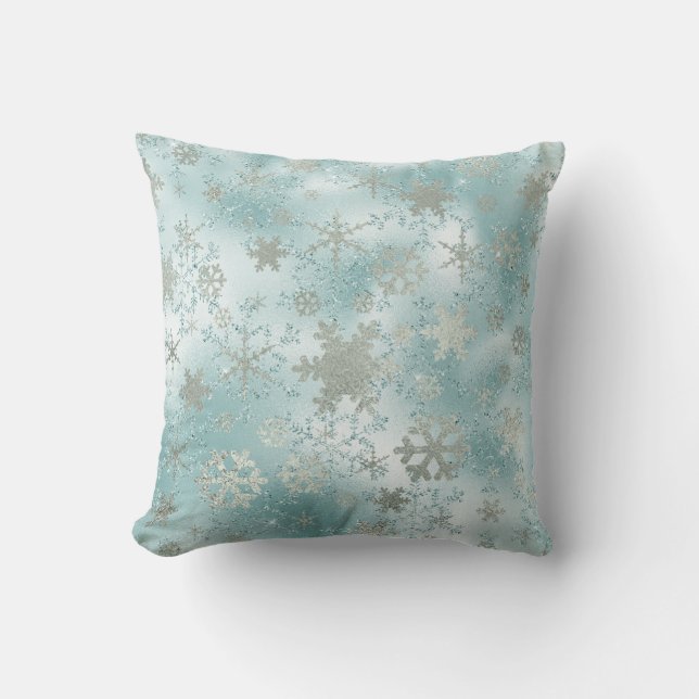 Elegant Blue Silver Christmas Snowflake Pattern Throw Pillow (Front)