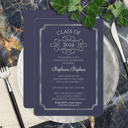 Elegant Blue  Silver College Graduation Party Invitation
