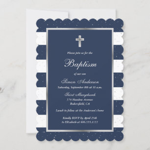 Elegant Blue Silver Cross Boy Baptism Invitation