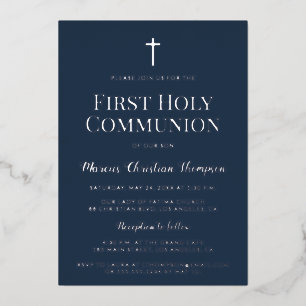 Elegant blue Silver cross Boy First Holy Communion Foil Holiday Card