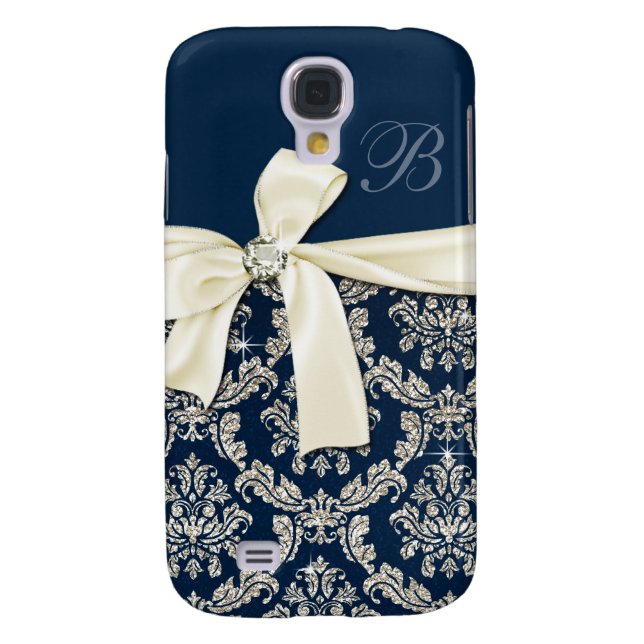Elegant Blue Silver Damask Diamond Bow Monogrammed Case-Mate Samsung Galaxy Case (Back)