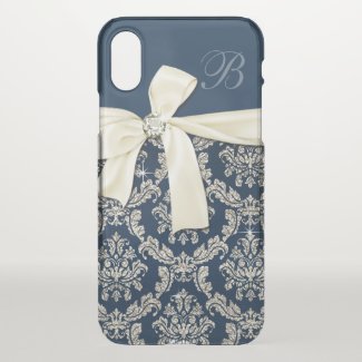 Elegant Blue Silver Damask Diamond Bow Monogrammed iPhone X Case