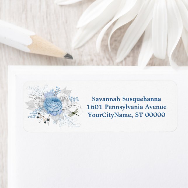 Elegant Blue Silver Dragonfly Floral Address Label (Insitu)