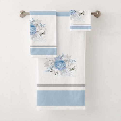 Elegant Blue Silver Dragonfly Floral Bath Towel Set