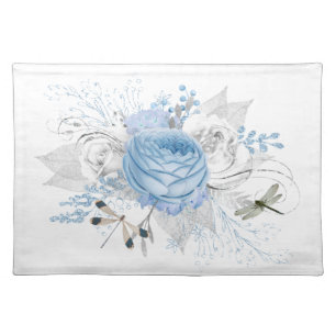 Elegant Blue Silver Dragonfly Floral Cloth Placemat