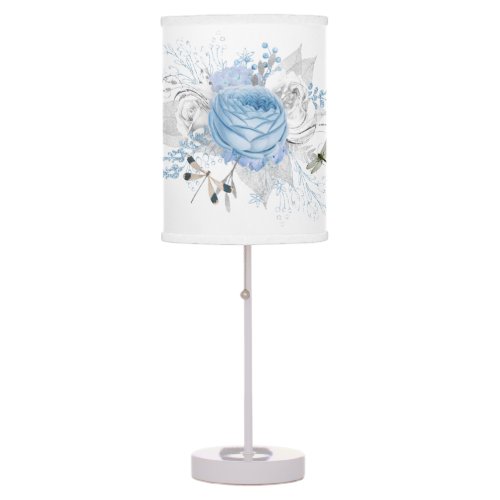Elegant Blue Silver Dragonfly Floral Table Lamp