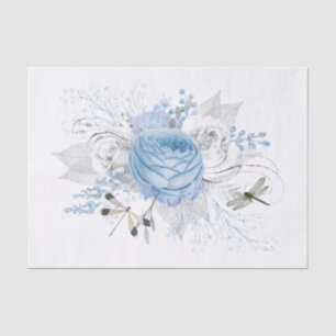 Elegant Blue Silver Dragonfly Floral Tissue Paper