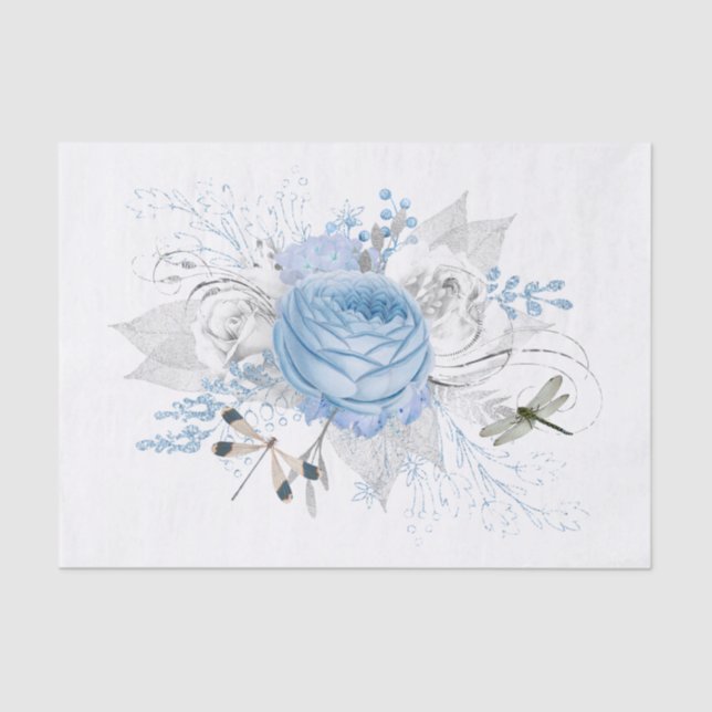 Elegant Blue Silver Dragonfly Floral Tissue Paper (Front)