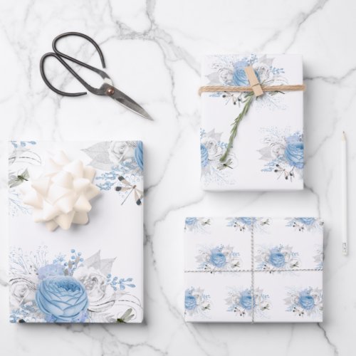 Elegant Blue Silver Dragonfly Floral Wrapping Paper Sheets