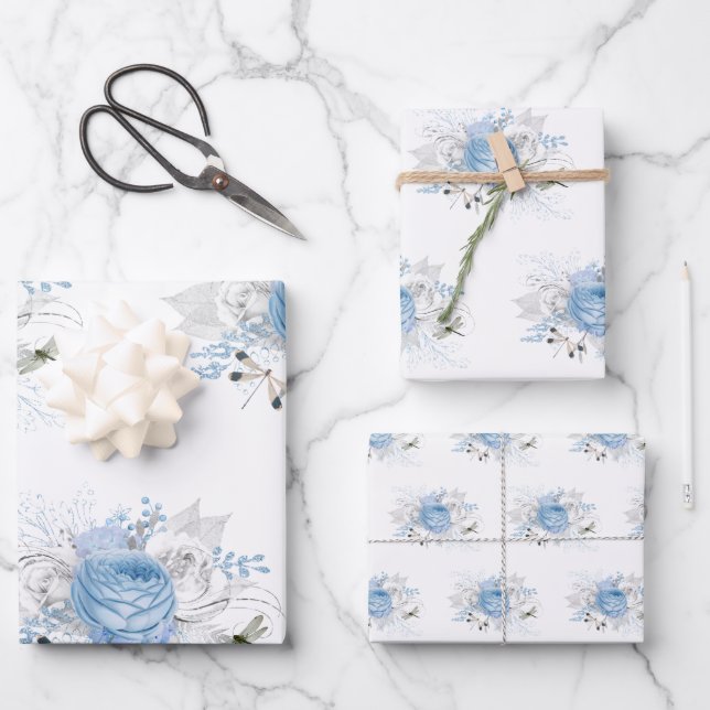 Elegant Blue Silver Dragonfly Floral Wrapping Paper Sheets (Front)