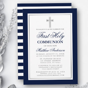 Elegant Blue Silver First Holy Communion Striped Invitation