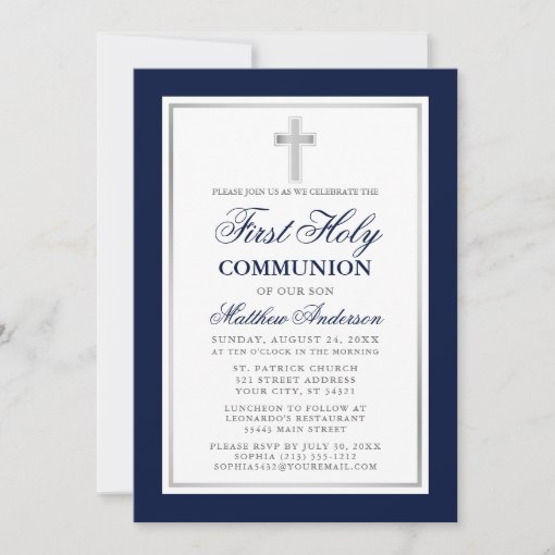 Elegant Blue Silver First Holy Communion Striped Invitation | Zazzle