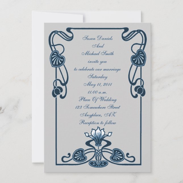 Elegant Blue Silver Floral Swirls Wedding  Invitation (Front)