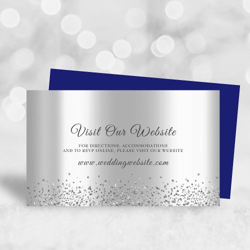 Elegant Blue Silver Foil Glitter Wedding Website Enclosure Card