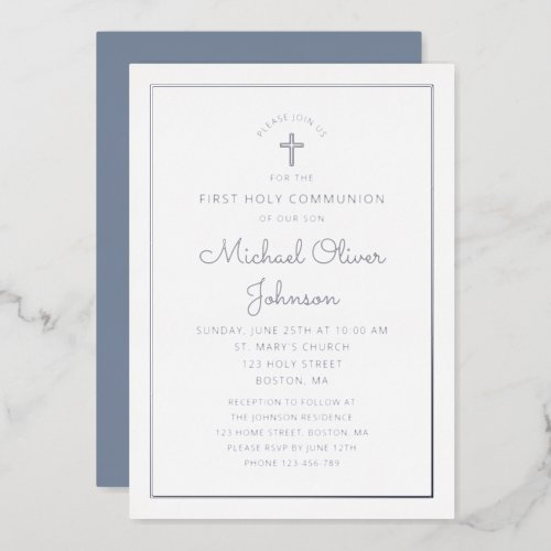 Elegant Blue Silver Foil Script First Communion  Foil Invitation