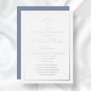 Elegant Blue Silver Foil Script First Communion Invitation