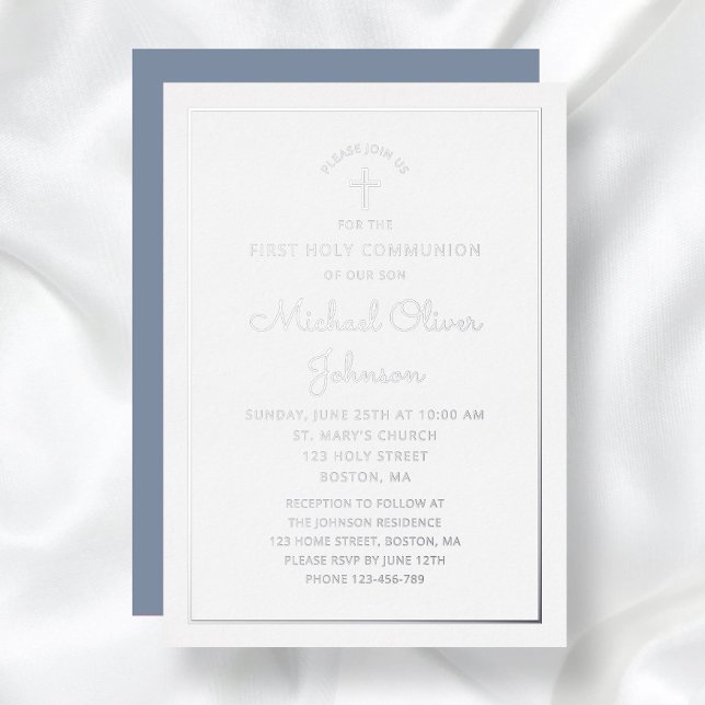 Elegant Blue Silver Foil Script First Communion  Invitation (Elegant Blue Silver Foil Script First Communion Foil Invitation)