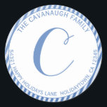 Elegant Blue Silver Foil Stripe Monogram Address Classic Round Sticker<br><div class="desc">Elegant Christmas or Hanukkah Blue Silver Foil Stripe Monogram Address Sticker featuring stylish faux blue and silver stripes and a modern script monogram with space for your custom address. Easy to customize with text, fonts, and colors. Created by Zazzle pro designer BK Thompson © exclusively for Kate’s Creations; please contact...</div>